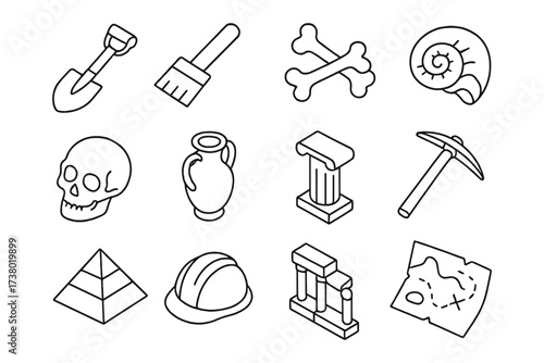 Archaeology icons set: ancient artifacts and tools in linear style