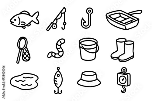 Fishing equipment icons set: hooks, boats, and gear in simple line art style