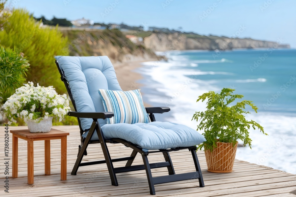 Fototapeta premium Deck chair facing ocean views on a sunny day