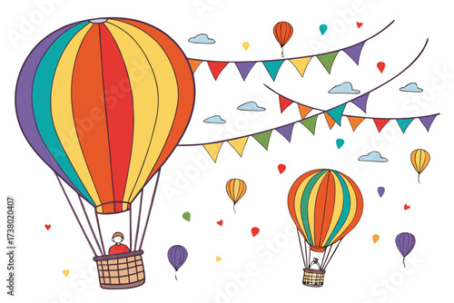 Colorful hot air balloons with festive flags and clouds