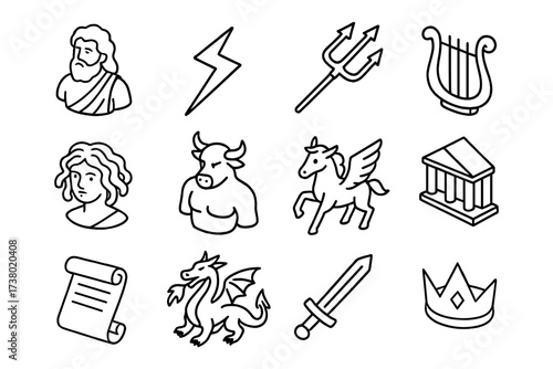 Greek mythology icons featuring gods and legendary creatures in bold linear style