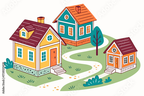 Colorful houses on a green hill with winding path village