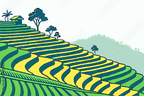 Colorful illustration of terraced hillsides with trees and a hut