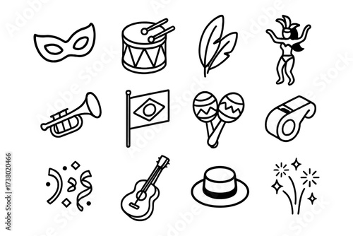 Carnival symbols in bold outline style featuring musical instruments and festive elements