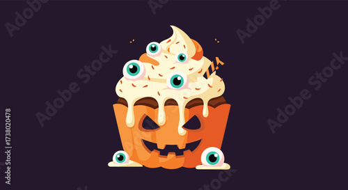 A spooky halloween cupcake with a pumpkin face and eyeballs on top.