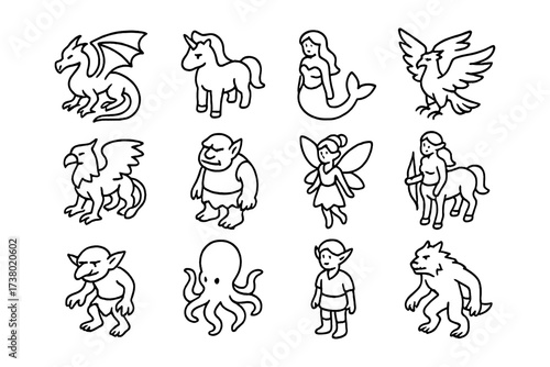 Mythical creature outlines with dragon mermaid unicorn and more