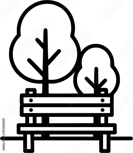 Park bench trees outline icon vector illustration for landscape design and recreation area design
