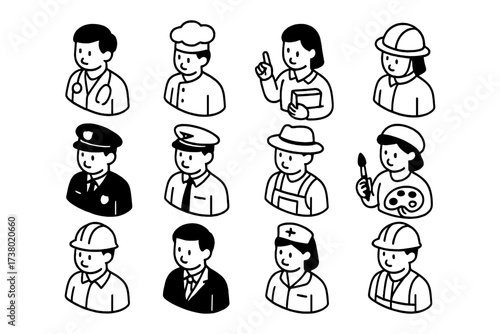 Diverse professions in isometric style: careers showcased in simple black and white design