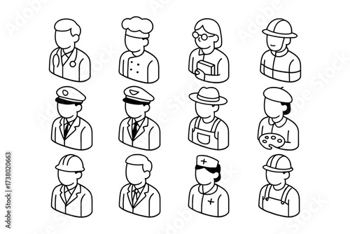 Isometric avatar collection of diverse professionals in outline style