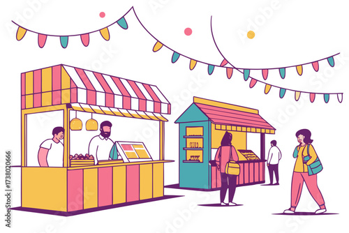 Colorful market stalls with people and bunting shopping