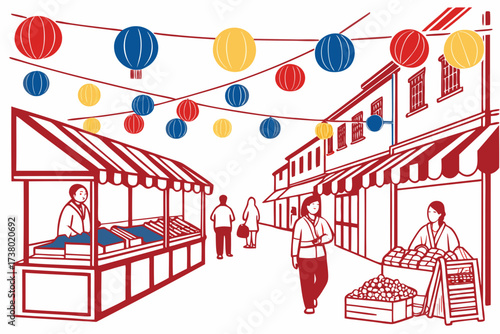 Colorful Market Street Scene with Lanterns and Stalls 1