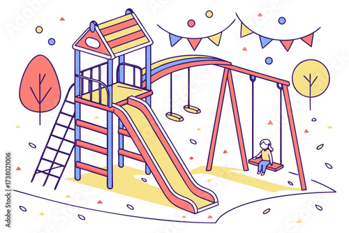 Colorful playground with swings slide and girl on white background
