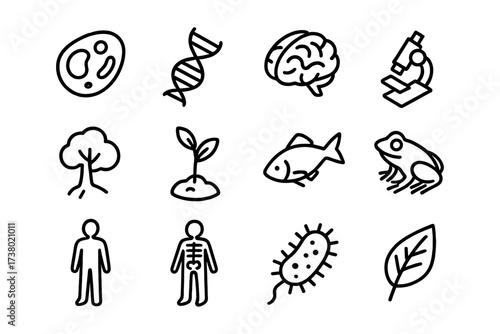 Scientific biology icons set featuring dna, human body, and nature in simple outline style