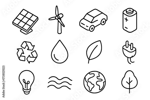 Eco-friendly icons set: renewable energy, conservation, and sustainability