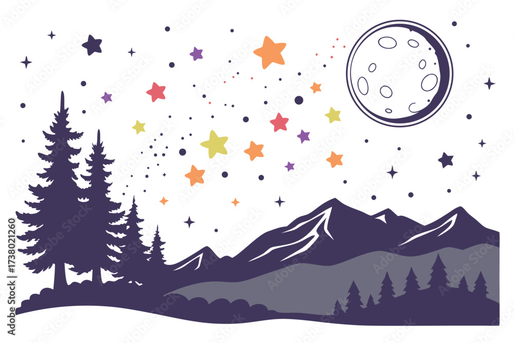 Fototapeta premium Colorful stars and moon over pine trees and mountains