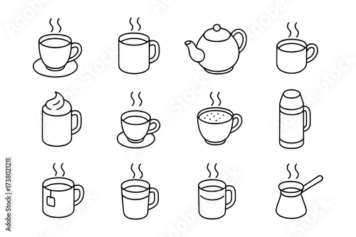 Minimalist line art of tea and coffee cups with kettle and accessories