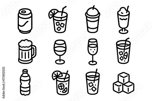 Line art beverage icons: refreshing drink collection with bold outlines