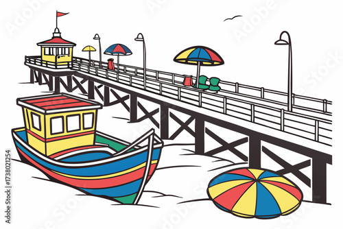 Colorful seaside pier with boat and umbrellas beach