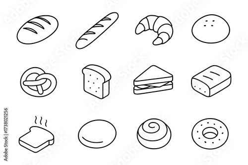Minimalist line art of various bread types for bakery design inspiration