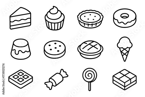 Outline icons of popular desserts and sweets: cake, cupcake, doughnut, ice cream, and more