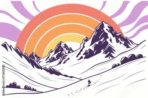 Colorful sunrise over purple icy mountains with lone hiker