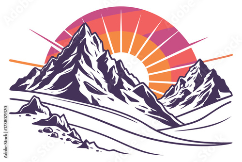 Colorful sunrise behind jagged purple mountains nature