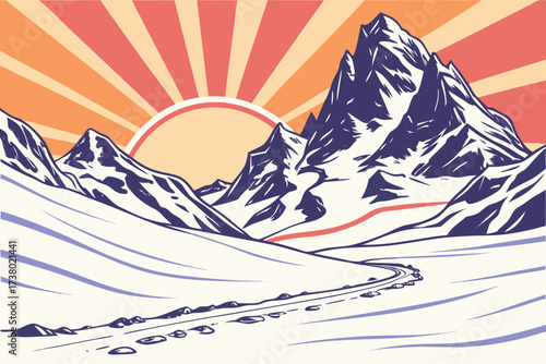 Colorful sunrise over snow covered mountain peaks vector