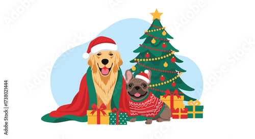 Two adorable dogs in festive Christmas outfits with gifts and a decorated tree.