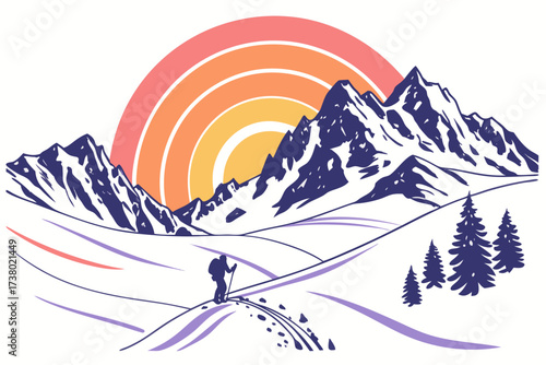 Colorful sunrise over snowy mountains with skier skiing