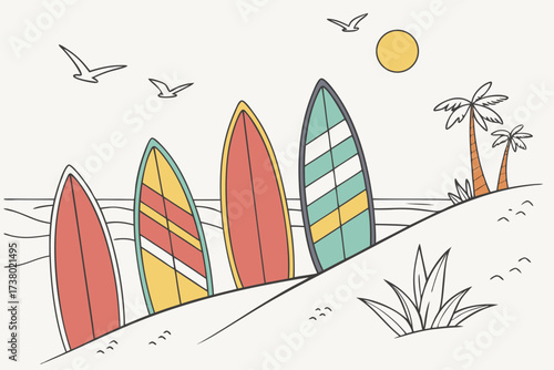 Colorful surfboards on a beach with palm trees and birds