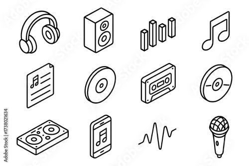 Modern isometric line art of music objects with iconic audio equipment
