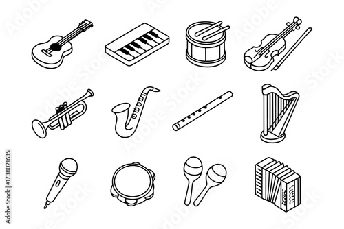 Isometric outline musical instruments icons: guitar, piano, drum, violin, trumpet, saxophone, flute