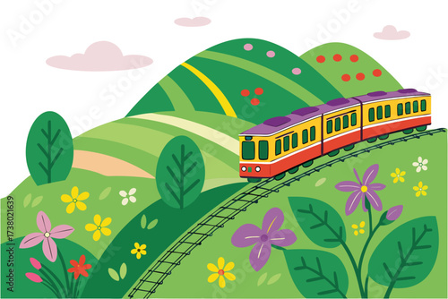 Colorful train on a scenic railway track with rolling hills and flowers