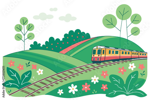 Colorful train on railway track through green hills and flowers