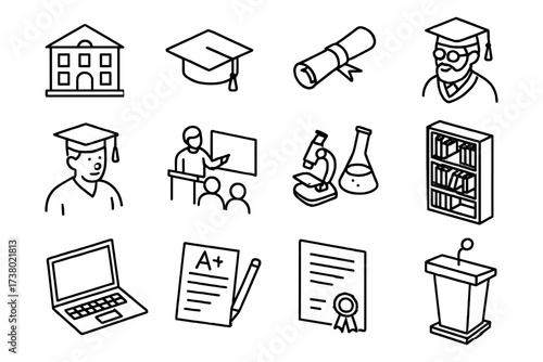 Education icons set featuring graduation, learning tools, and academic themes in linear style