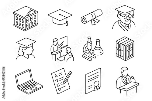 Isometric education icons: graduation, learning, and academic symbols in line art