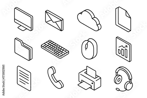 Isometric office icons: computer, cloud, keyboard, and more for digital workspace design