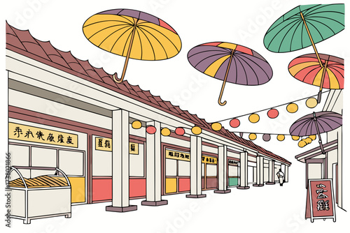 Colorful umbrellas over Asian street market stalls