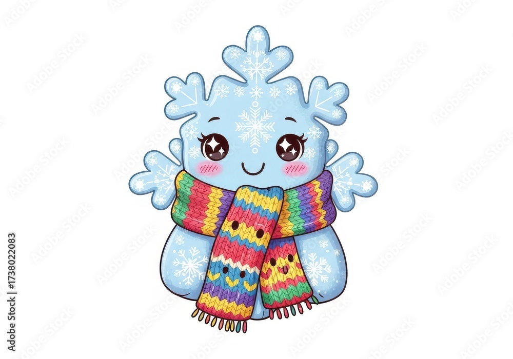 Naklejka premium Cute cartoon snowflake character wearing a colorful striped knitted scarf winter