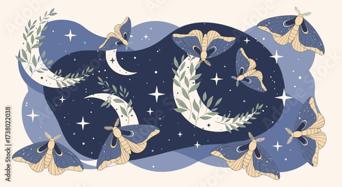 Whimsical moths dance around crescent moons adorned with leaves under a starry night sky.