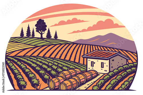 Colorful vineyard landscape with farmhouse and barrels at sunset