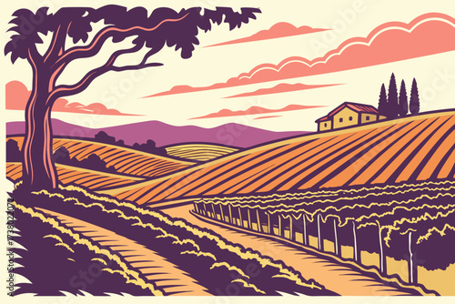 Colorful vineyard landscape at sunset illustration