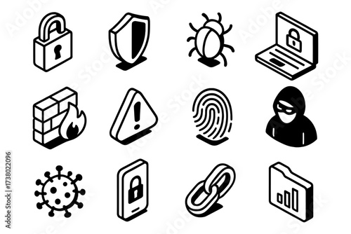 Cybersecurity icons collection: protecting digital devices and data with technology symbols