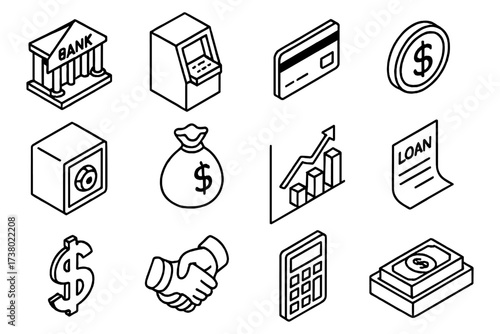 Isometric finance icons set with banking, investment, and payment symbols
