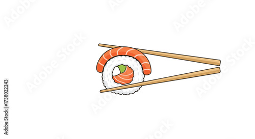 Delicious salmon sushi roll being held by chopsticks ready to be eaten.