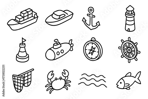 Nautical icon set featuring boats, anchor, lighthouse, and marine elements in linear style