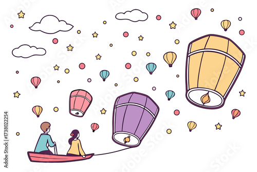 Couple in boat releasing sky lanterns lantern festival