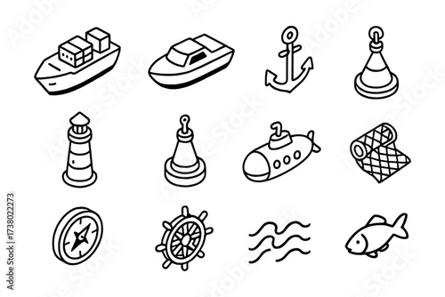 Nautical icons set: boats, anchor, lighthouse, submarine, and sea elements in linear style