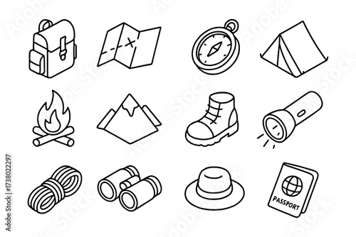 Essential camping gear: line art icons for outdoor adventure