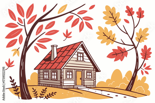 Cozy cabin with red roof surrounded by autumn leaves